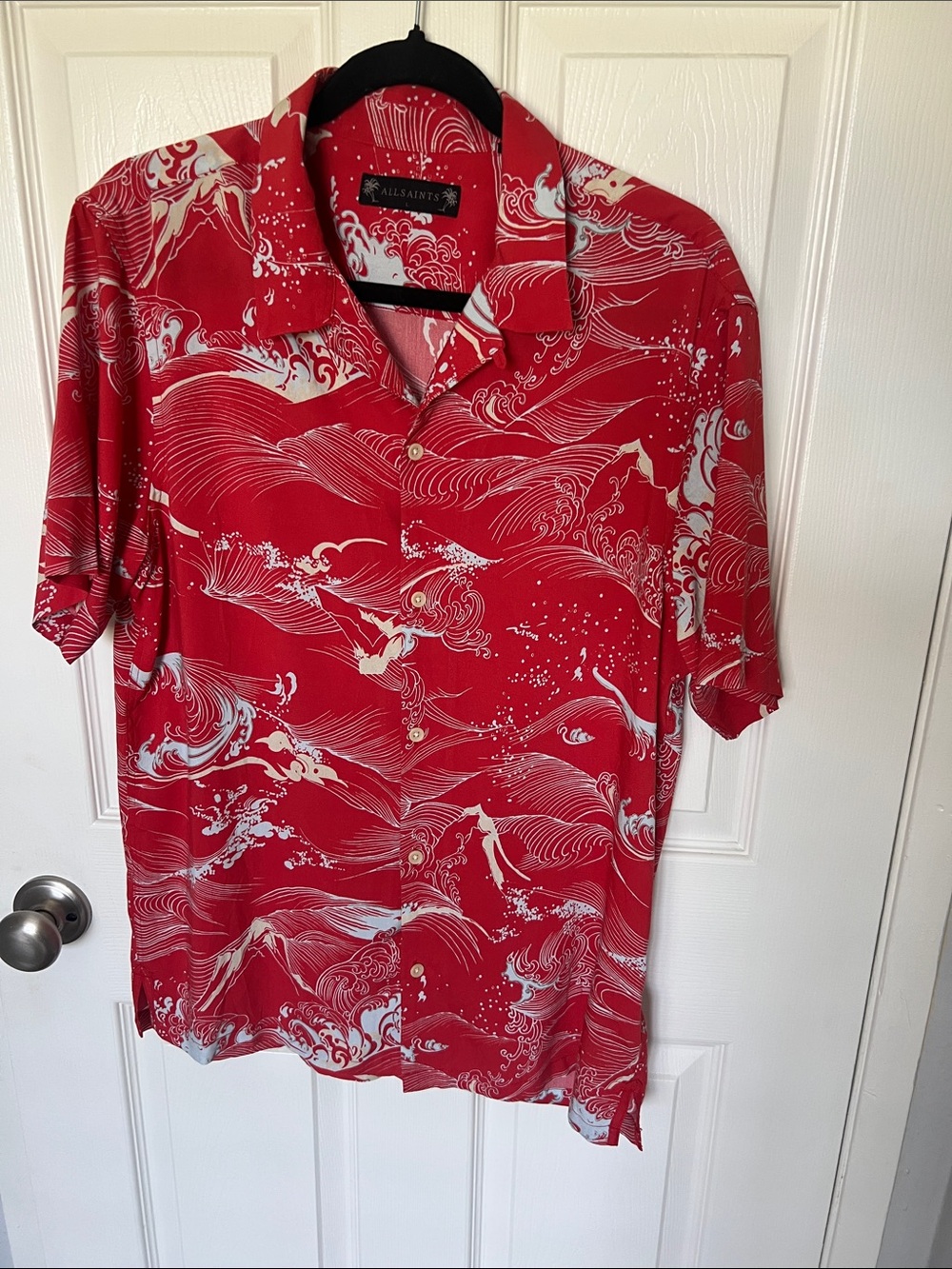 All Saints Red Wave and Crane Print Short-Sleeve Shirt